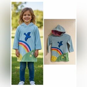 Mini Boden Kids Blue Cotton Blend Hoodie with Rainbow and Bird 5-6Y 116cm